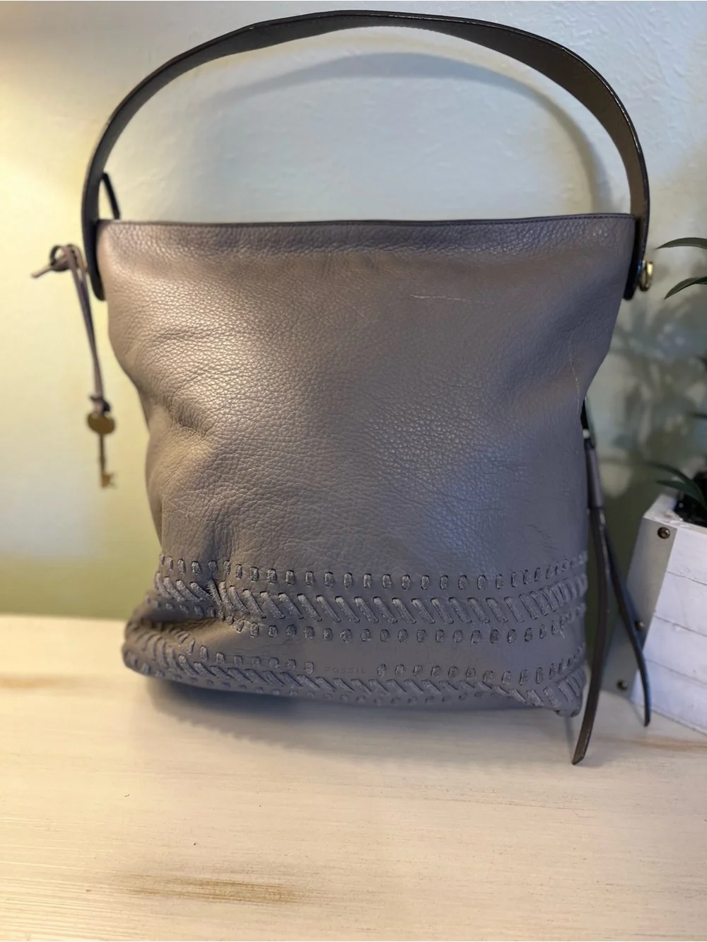 Fossil Maya Hobo Gray Leather Purse ZB7191 w/ Key Excellent Condition